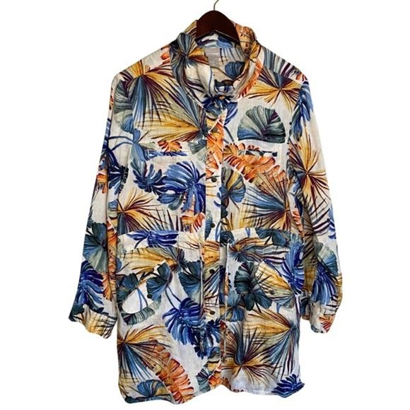 Chicos Jacket Women PMedium Linen Palm Print Snap Front Safari Roll Tab Sleeve - Picture 2 of 12
